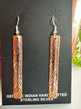 Felicia Etsitty 925 & Copper Stamped Dangle Earrings - Navajo Artist Made
